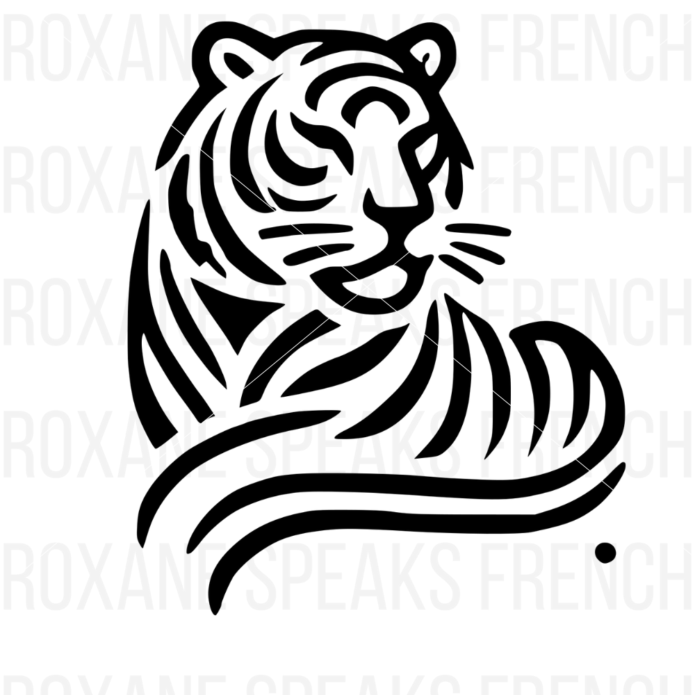 A geometric black outline of a tiger's head, showcasing bold lines and intricate details, suitable for Cricut projects.