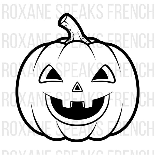 Smiling pumpkin coloring page featuring happy jack-o-lantern face with triangular eyes, nose, and big grinning mouth - printable friendly character line art design