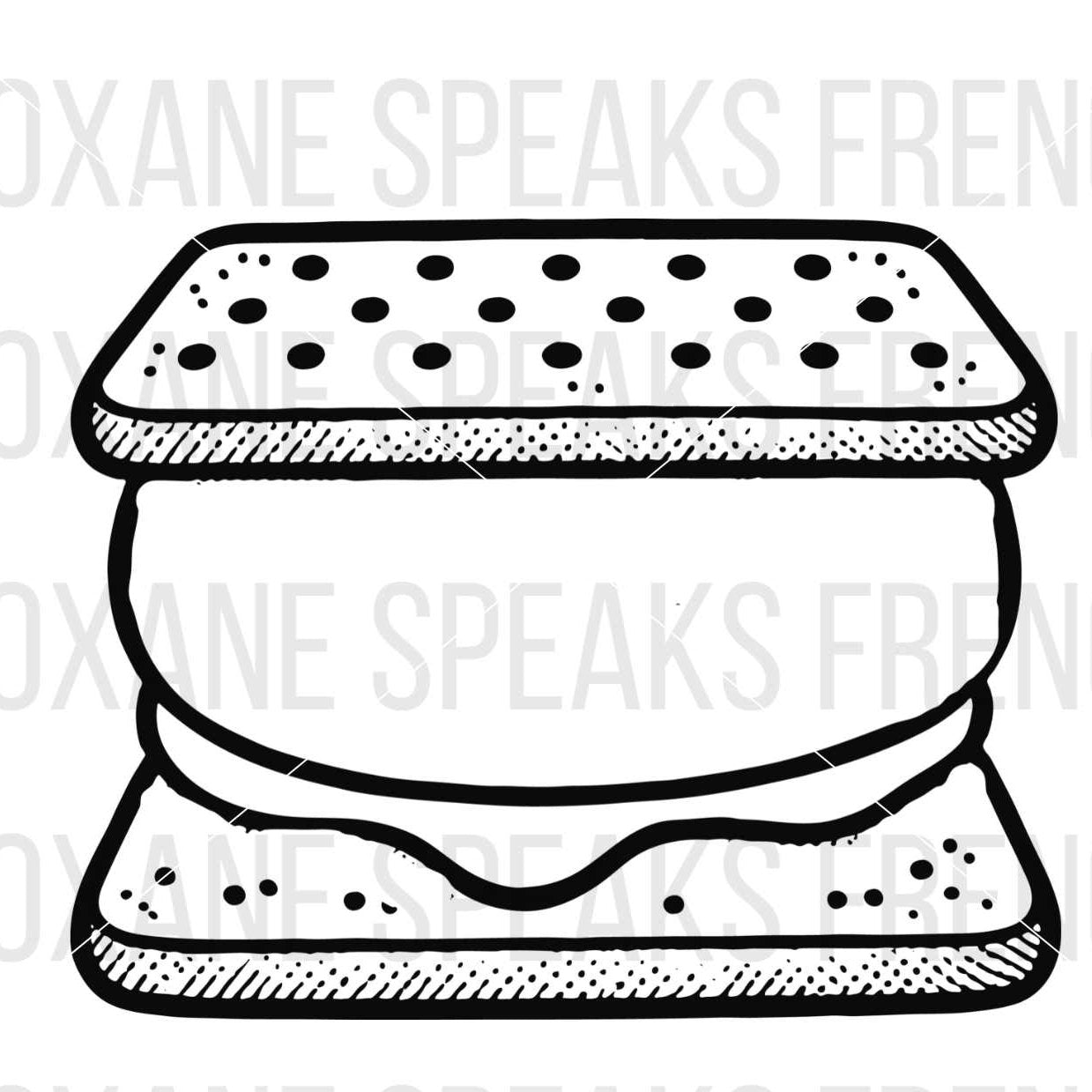 Smores SVG File – Black and white outline of a classic smore with graham crackers, chocolate, and marshmallow, ideal for Cricut, Silhouette, and cutting machines.