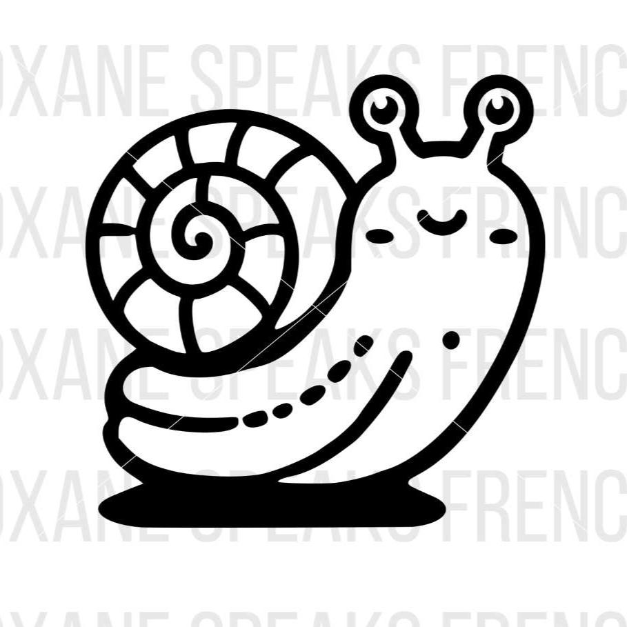 A cute snail design in SVG and PNG format with a swirling shell and a happy, smiling face, drawn in a minimalistic and playful style.