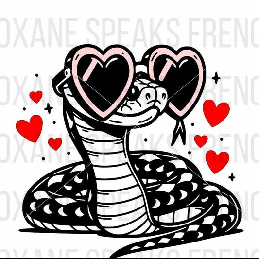 Cute snake wearing heart sunglasses with red hearts, 3-layer SVG PNG file for crafting projects.