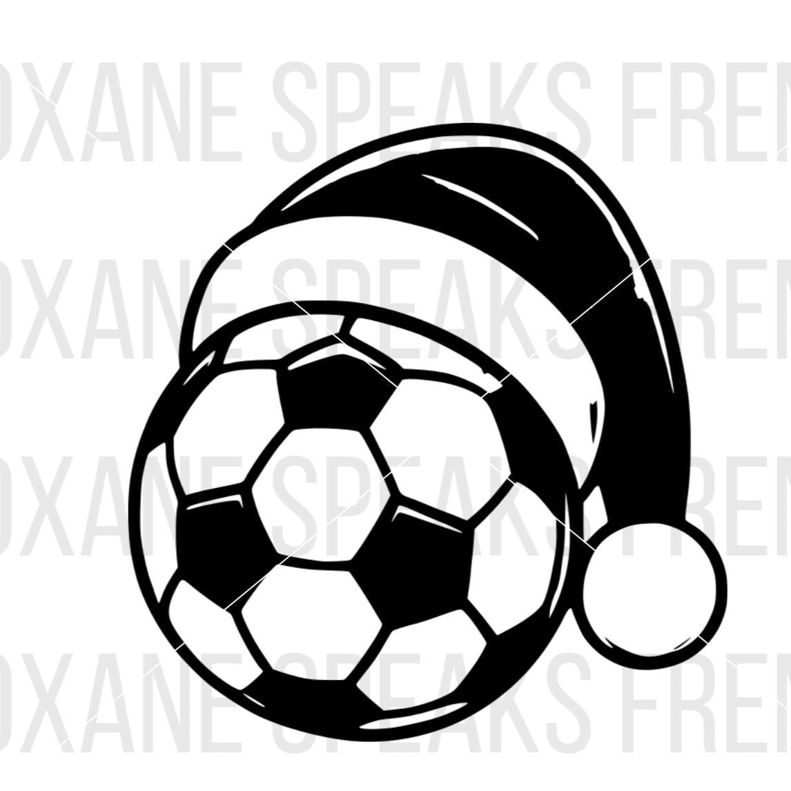 Soccer ball with a Santa hat, SVG and PNG design for sports-themed Christmas crafts.