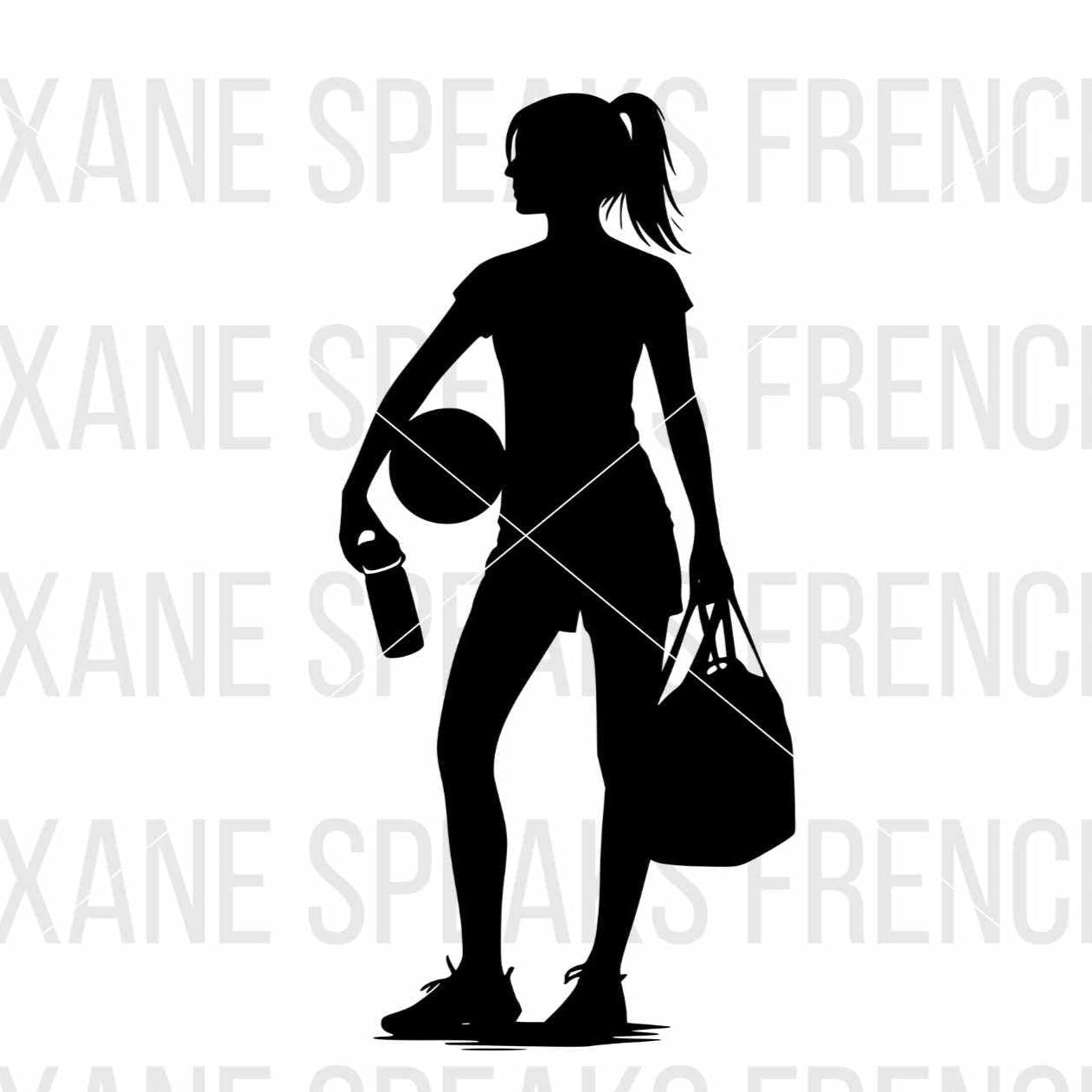 Soccer mom silhouette with ponytail holding a soccer ball, water bottle, and bag, available as SVG and PNG for crafting and DIY projects