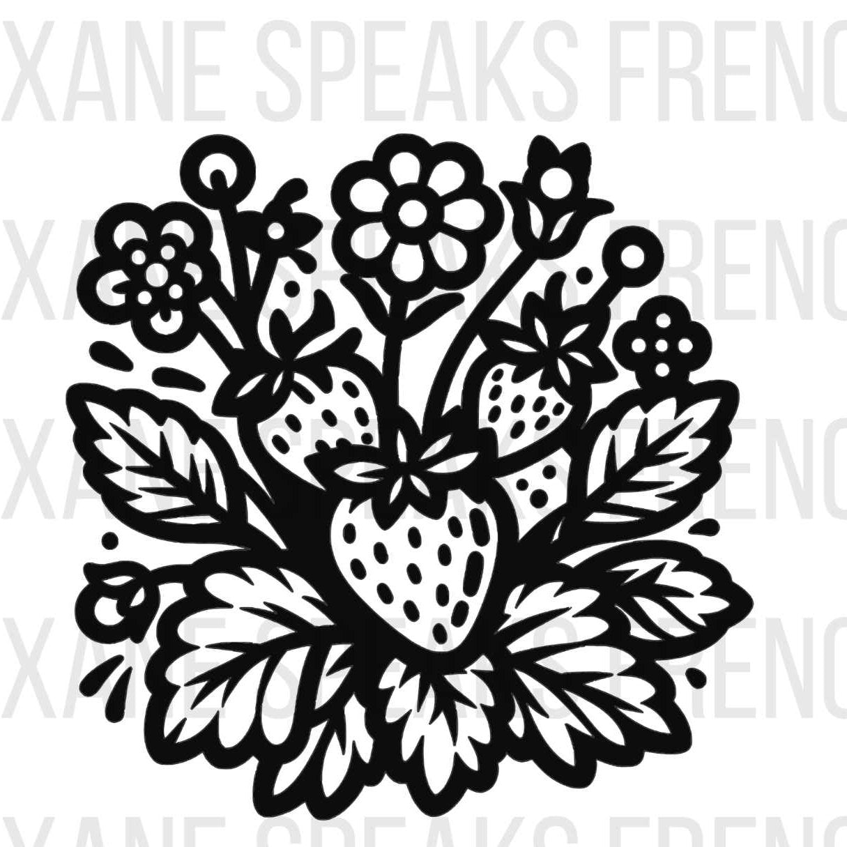 Black and white vector illustration of a strawberry plant. The design features detailed leaves, flowers, and strawberries, creating a lush and intricate pattern. The strawberries are prominently displayed among the leaves and flowers.