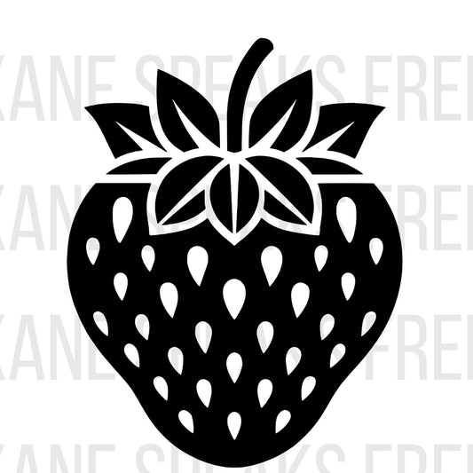 A black silhouette of a realistic strawberry on white watermarked background.