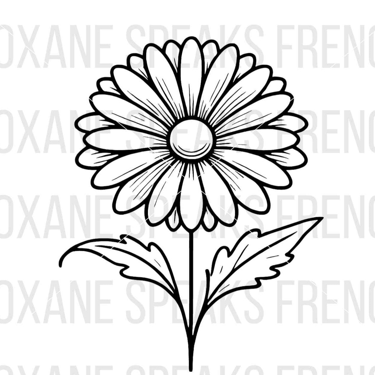 Sunflower SVG File – Black and white outline of a sunflower with leaves, perfect for Cricut, Silhouette, and cutting machines.