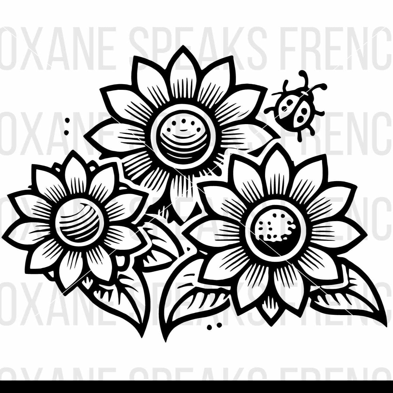 Sunflowers SVG File – Bold outline of three sunflowers with a ladybug, perfect for Cricut, Silhouette, and cutting machines.