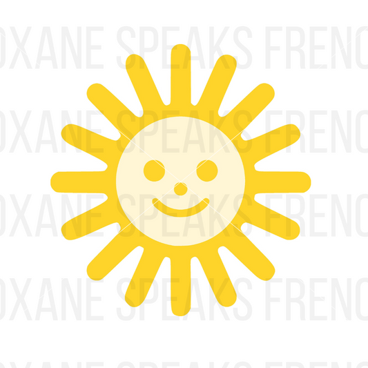 Smiling sun illustration in a cute vector style, available as an SVG and PNG for personal crafting projects