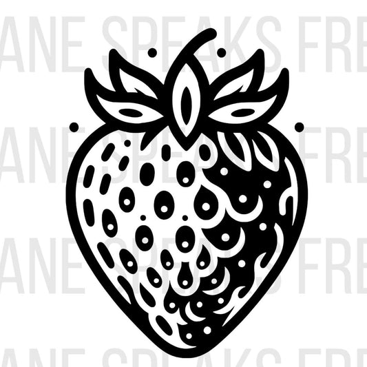 Stylized black and white clipart of a strawberry with a bold, graphic design. The strawberry features decorative swirls and dotted patterns within its silhouette, accompanied by stylized leaves and stems at the top, creating a dynamic and modern artistic expression against a plain background with text 'ROXANE SPEAKS FRENCH' in a casual font