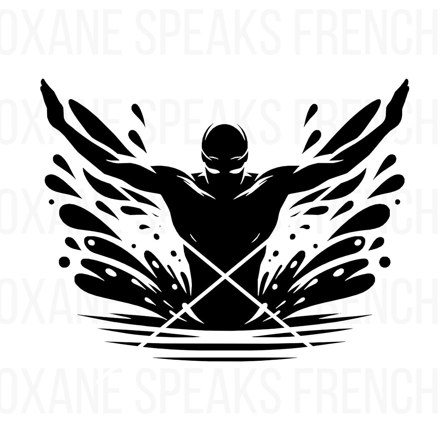 Silhouette of a swimmer performing the butterfly stroke with dramatic water splashes surrounding them. The design is bold, black, and perfect for sports-themed crafts or digital projects