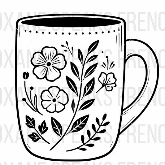 Tea Mug SVG File – Elegant tea mug adorned with floral designs, perfect for Cricut, Silhouette, and cutting machines