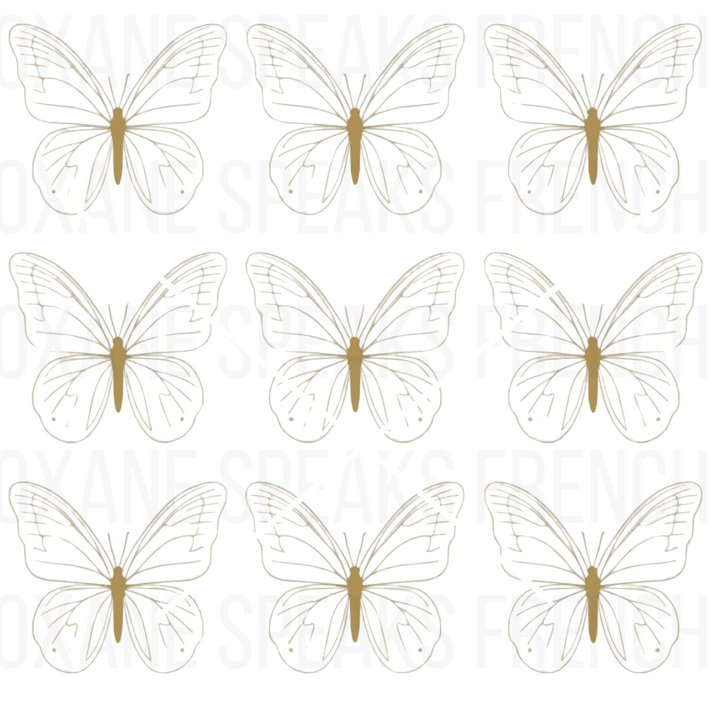 A collection of transparent gold butterflies featuring delicate line art and elegant wing details. The butterflies are arranged in a grid format with a clean, minimalist style.