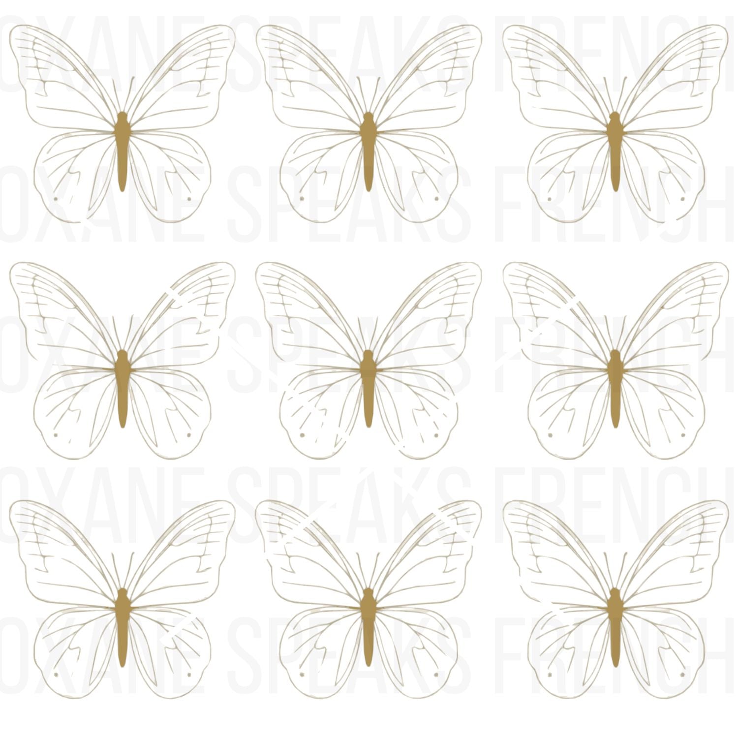 A collection of transparent gold butterflies featuring delicate line art and elegant wing details. The butterflies are arranged in a grid format with a clean, minimalist style.