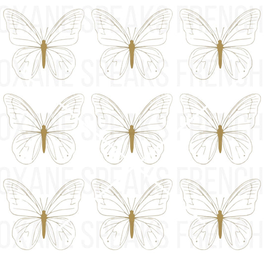 A collection of transparent gold butterflies featuring delicate line art and elegant wing details. The butterflies are arranged in a grid format with a clean, minimalist style.