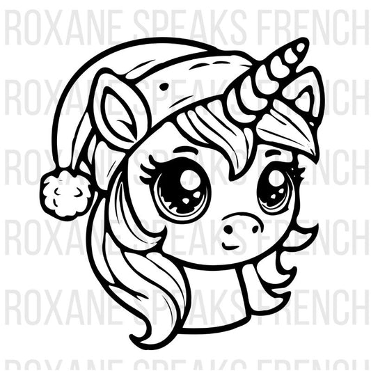 Unicorn Christmas coloring page featuring a cute magical unicorn wearing Santa hat with festive elements and flowing mane - printable holiday line art design