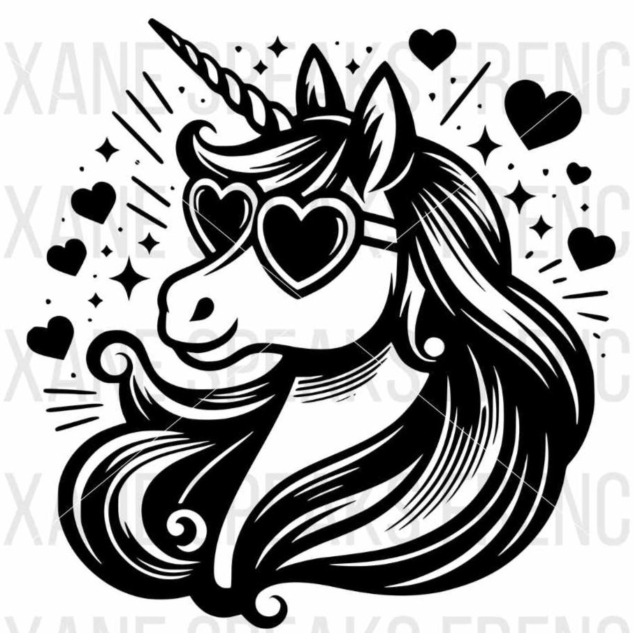 Unicorn face SVG and PNG with heart sunglasses and flowing mane, surrounded by stars and hearts. The design features bold lines and a fun, playful vibe perfect for various DIY crafting projects