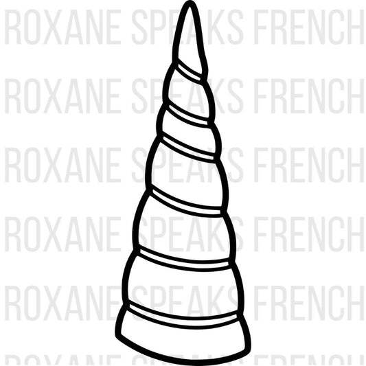 Unicorn horn coloring page featuring a detailed spiral unicorn horn with decorative bands - printable line art design for coloring enthusiasts of all ages