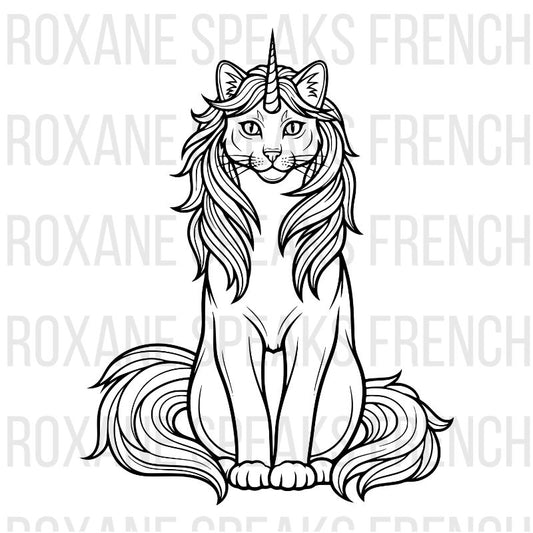 Unicorn kitty coloring page featuring a mystical cat with unicorn horn and flowing mane and tail - printable line art design for coloring enthusiasts