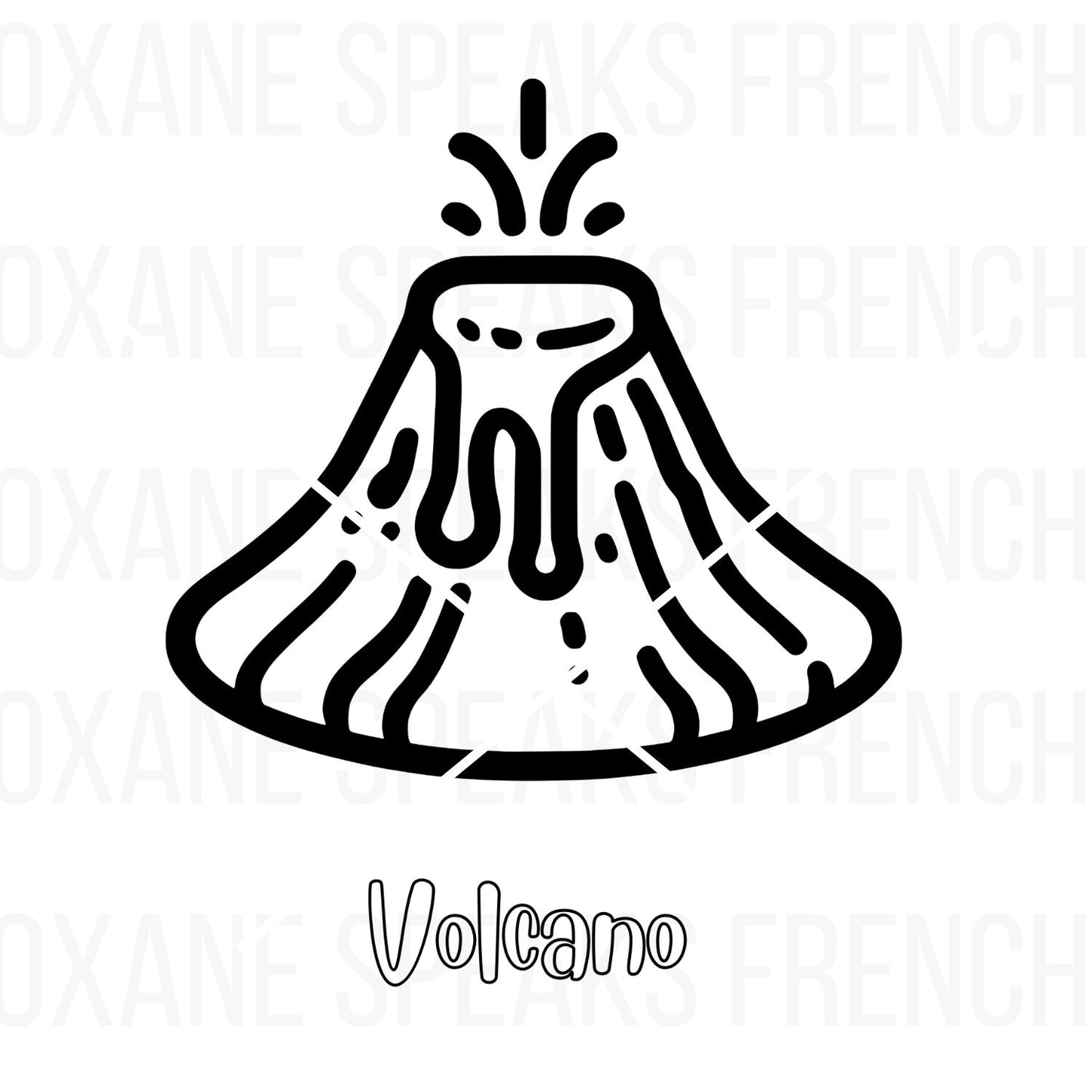 Volcano coloring page featuring a bold outline of an erupting volcano, perfect for kids’ educational and creative coloring activities.