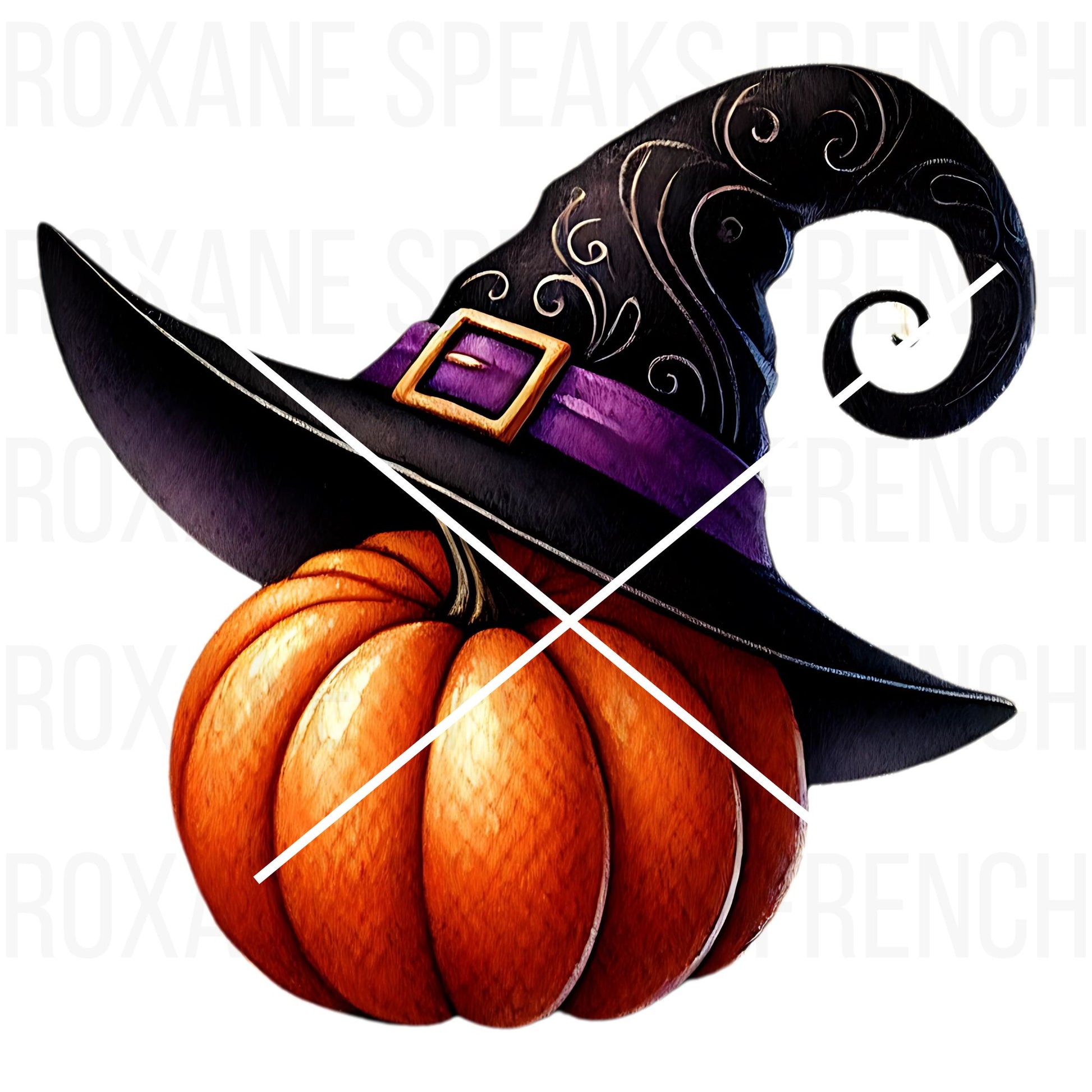 Watercolor illustration of a pumpkin wearing a black witch hat with a purple band and decorative swirls, perfect for Halloween and fall-themed designs.