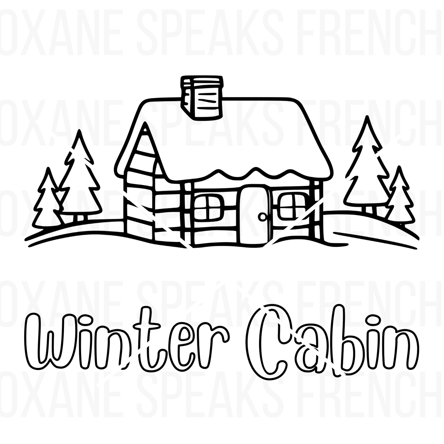 Winter cabin coloring page featuring a cozy cabin surrounded by snow and nature, perfect for relaxing holiday-themed coloring and crafting activities.