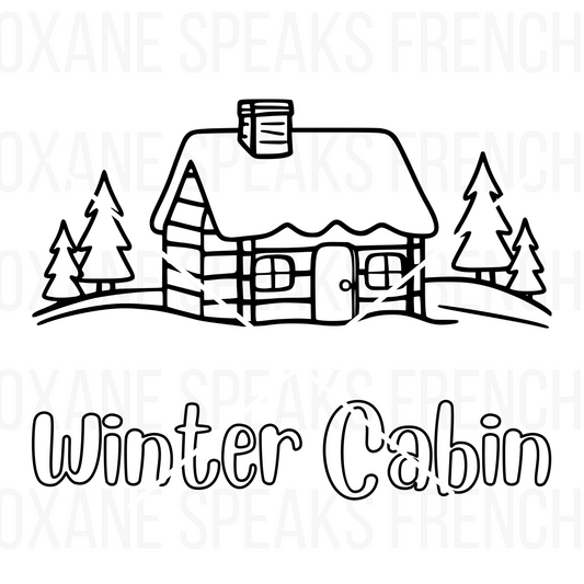 Winter cabin coloring page featuring a cozy cabin surrounded by snow and nature, perfect for relaxing holiday-themed coloring and crafting activities.