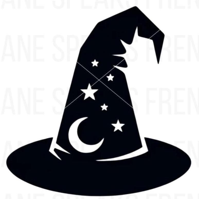 Black silhouette of a witch's hat decorated with stars and a crescent moon. The hat has a slightly bent tip and is ideal for Halloween-themed designs.