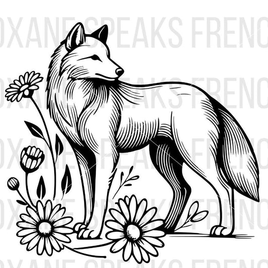 Elegant wolf SVG and PNG clipart featuring a detailed wolf standing gracefully among wildflowers, ideal for nature-themed crafting projects."

