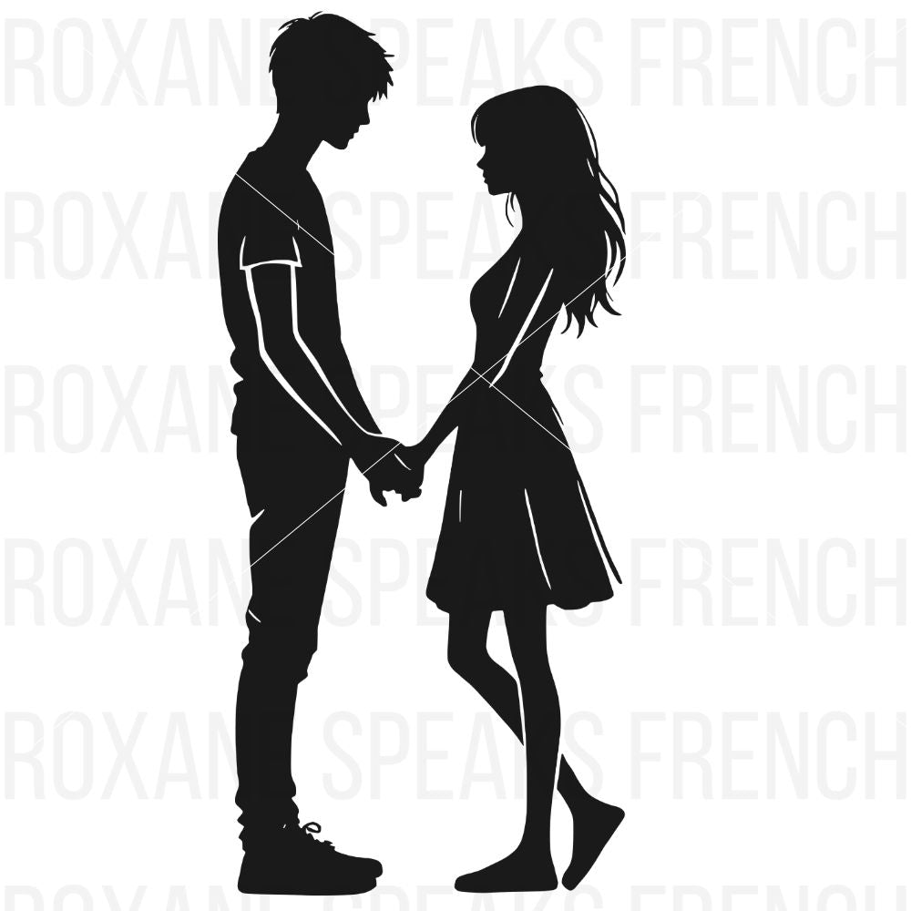 Silhouette of a couple holding hands, facing each other. The man wears casual clothes, and the woman wears a dress with flowing hair, creating a romantic and elegant moment.