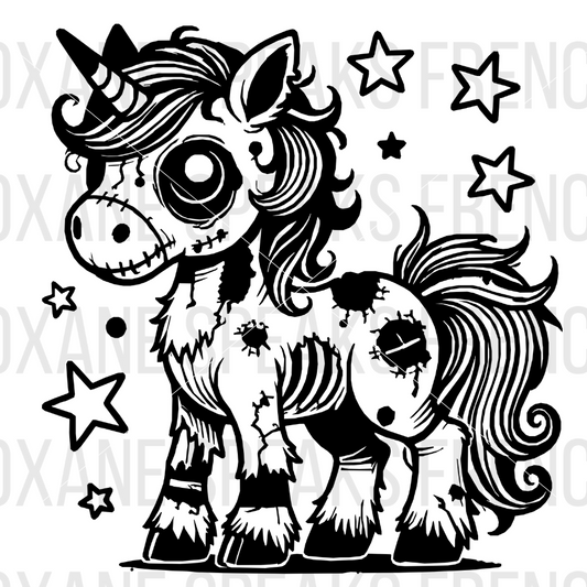 Halloween full body zombie unicorn patched with stitches vector style with stars